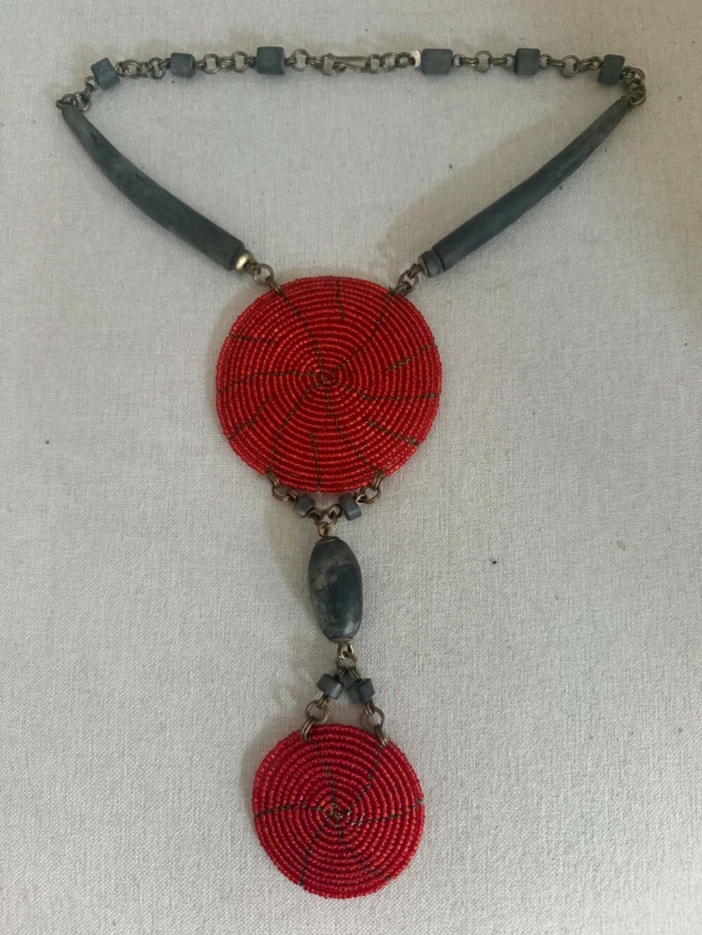 Handcrafted African Red Beaded Horn Double Disc Statement Necklace